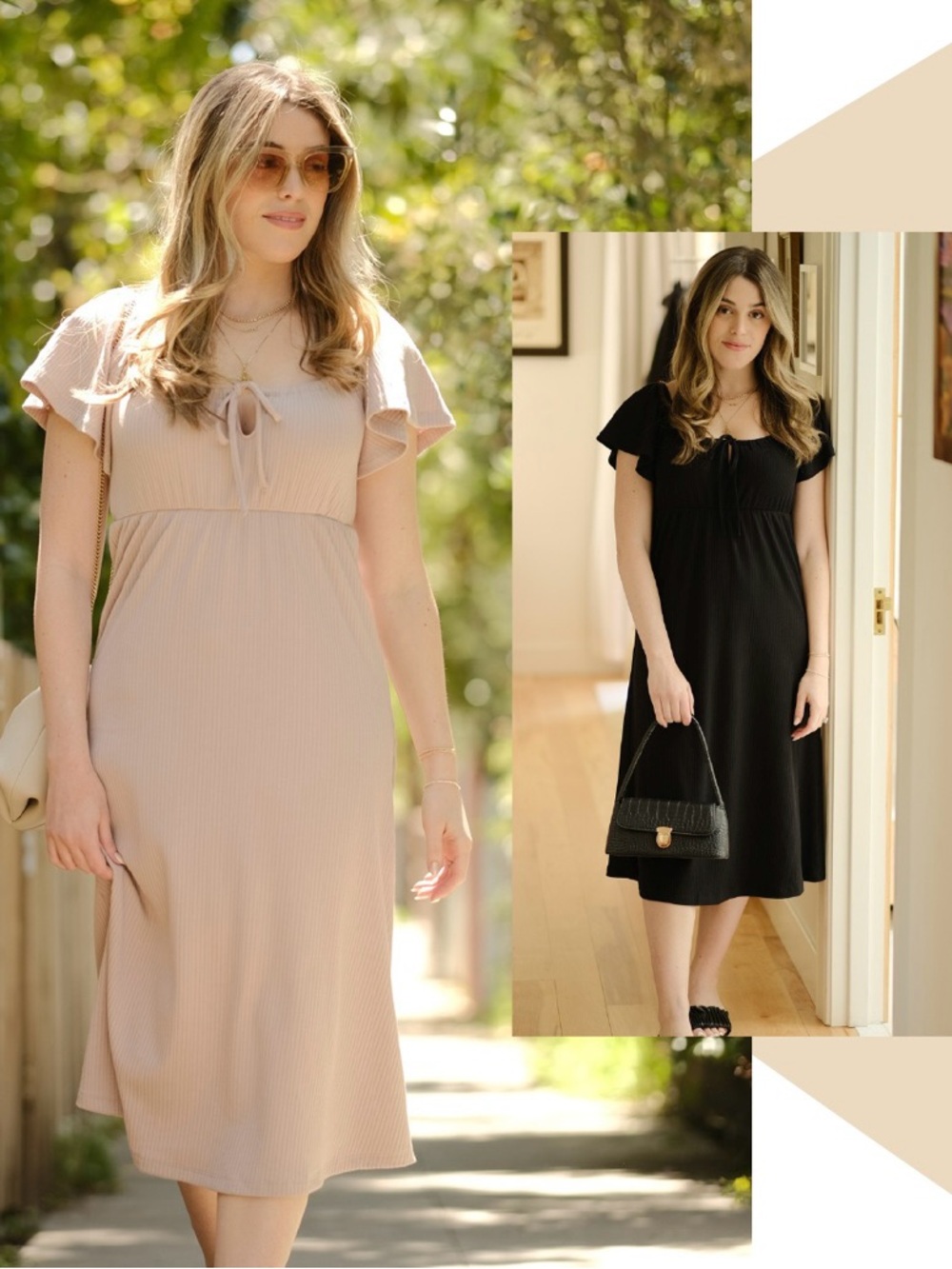 Smash + Tess Tie-Front Flutter Sleeve Midi Dress in Black